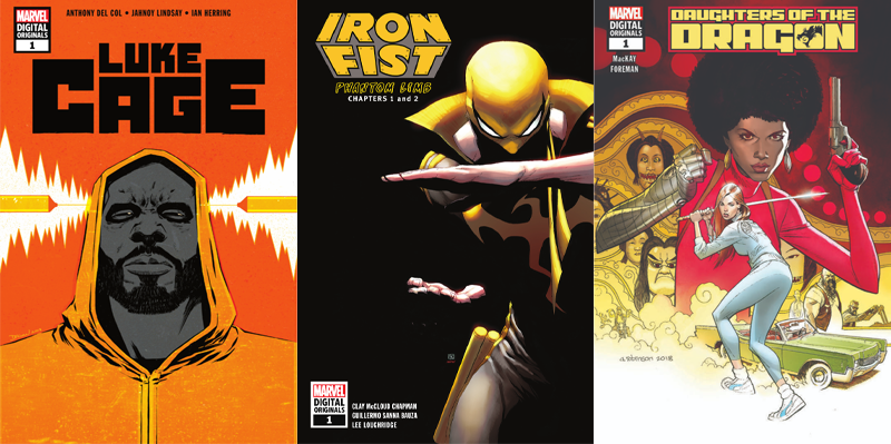 Cover art for the new Luke Cage, Iron Fist, and Daughters of the Dragon books.